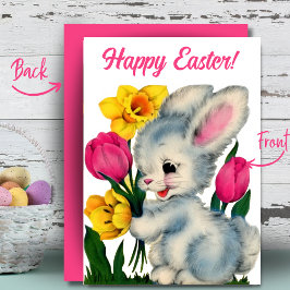 Tarjeta Festiva Bunny In Flowers Happy Easter Personalizado Retro