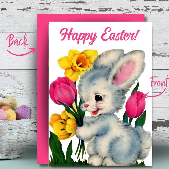 Tarjeta Festiva Bunny In Flowers Happy Easter Personalizado Retro (Bunny In Flowers Happy Easter Custom Retro Holiday Card. Add your name and/or a special message!)
