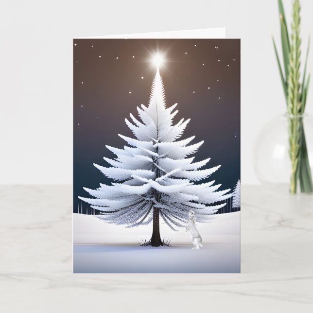 Tarjeta Festiva Bunny navidades con árbol de pino blanco (Anverso)