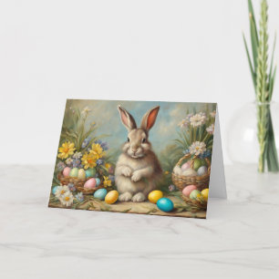 Tarjeta Festiva Bunny vintage de Pascua con cestas de pascua, flor