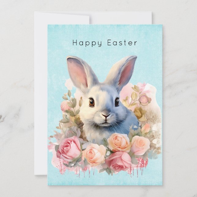 Tarjeta Festiva Bunny with a Garland of Roses Cute Easter (Anverso)