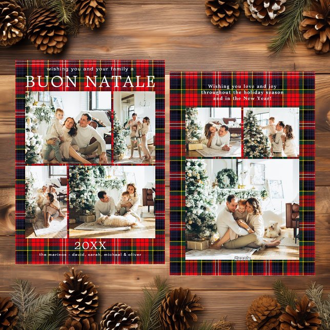 Tarjeta Festiva Buon Natale Multi Photo Red Plaid Holiday Card (Subido por el creador)