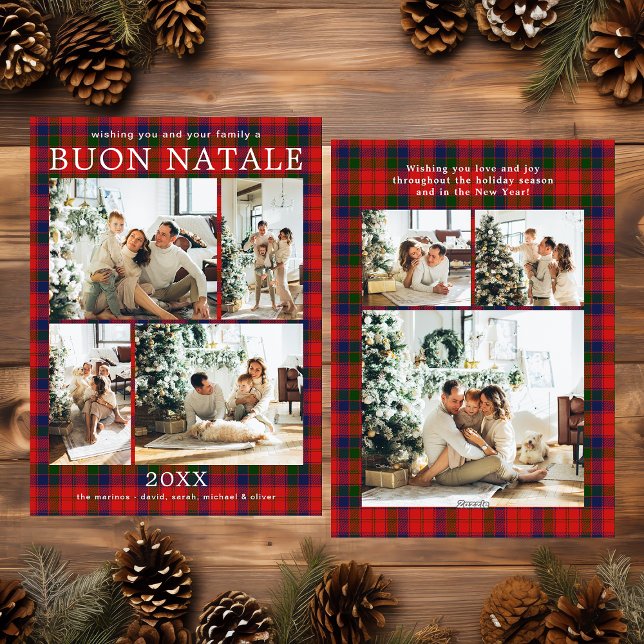 Tarjeta Festiva Buon Natale Multi Photo Red Plaid Holiday Card (Subido por el creador)