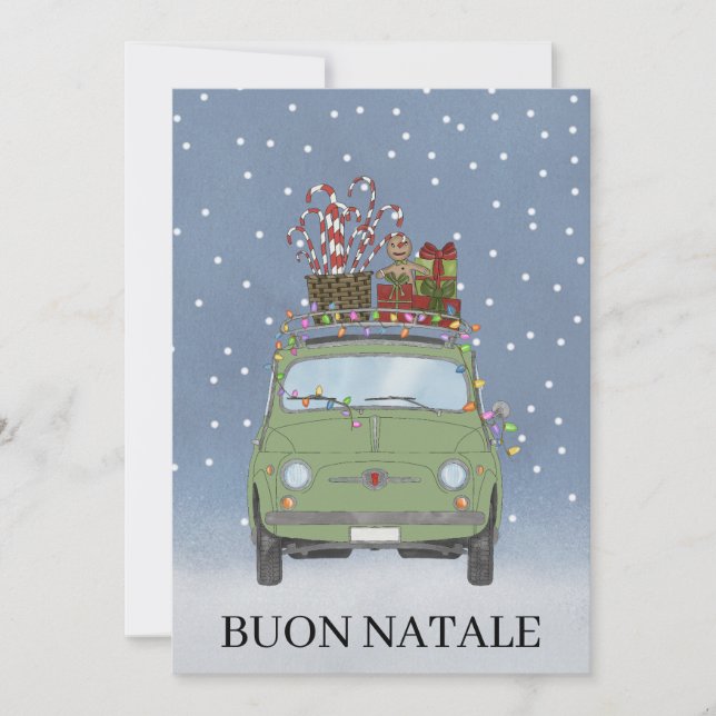 Tarjeta Festiva Buon Natale Navidades italianos Green Fiat 500 (Anverso)