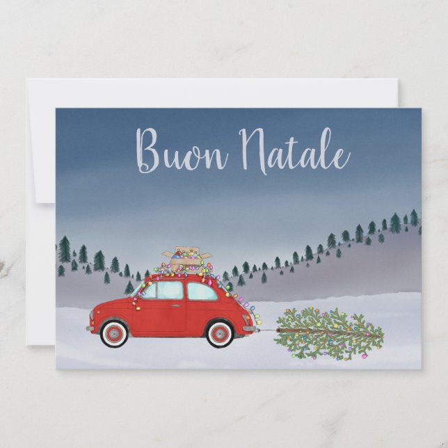 Tarjeta Festiva Buon Natale Navidades italianos Red Fiat 500 (Anverso)