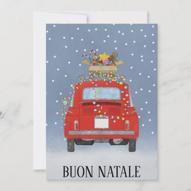 Tarjeta Festiva Buon Natale Navidades italianos rojo Fiat 500 (Anverso)