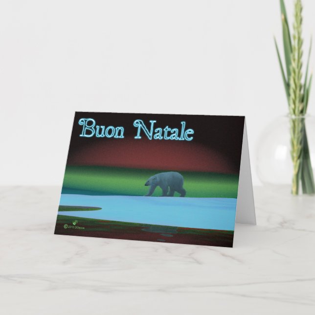 Tarjeta Festiva Buon Natale - Oso Polar de Luces Polares (Anverso)