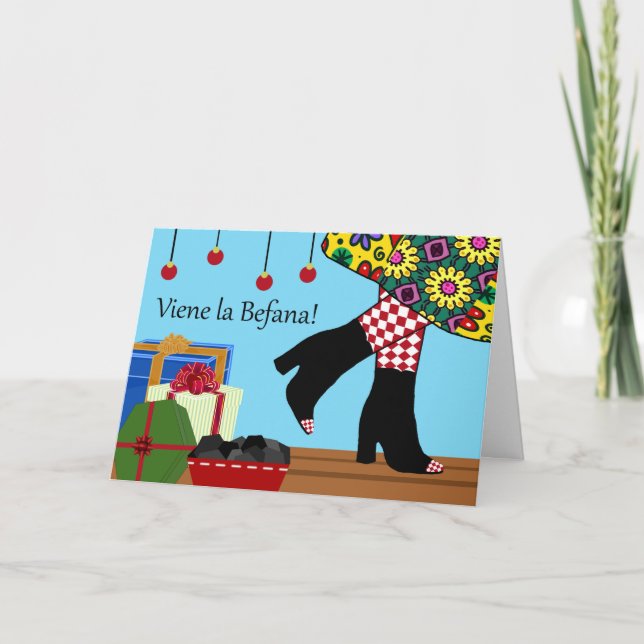 Tarjeta Festiva Buona Befana, Navidades Epiphany Witch se prepara (Anverso)