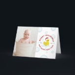 Tarjeta Festiva Burbujas fotográficas de los Navidades del pato de<br><div class="desc">Ilustracion de un pato de goma con un sombrero de santa rodeado de burbujas. Personalice la foto de su familia delante. Personalice el texto que contiene.</div>