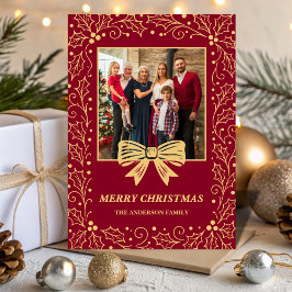 Tarjeta Festiva Burgundy & Antique-Gold Bow Family Christmas Photo