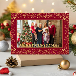 Tarjeta Festiva Burgundy & Antique-Gold Family Christmas Photo