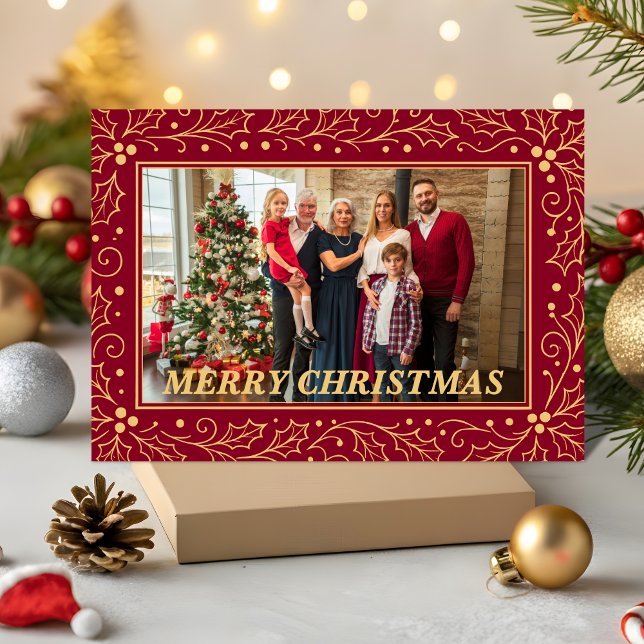 Tarjeta Festiva Burgundy & Antique-Gold Family Christmas Photo (Subido por el creador)