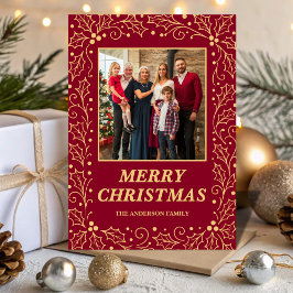 Tarjeta Festiva Burgundy & Antique-Gold Family Photo Christmas