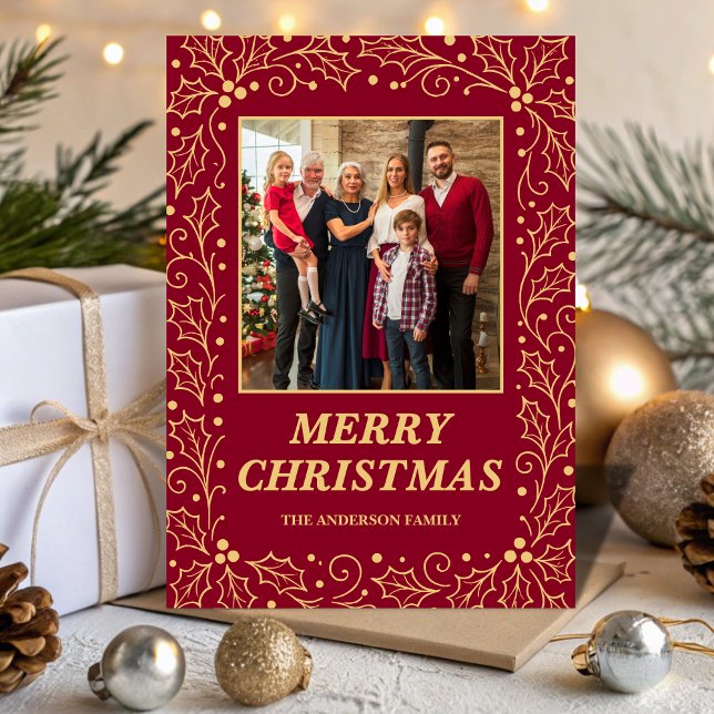Tarjeta Festiva Burgundy & Antique-Gold Family Photo Christmas (Subido por el creador)