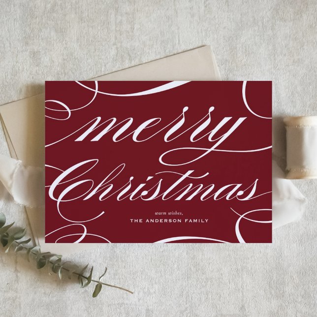 Tarjeta Festiva Burgundy Elegant Flourish Script Merry Christmas (This elegant Christmas card features a beautiful flourish script on a rich burgundy background.)