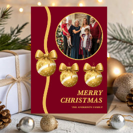 Tarjeta Festiva Burgundy & Gold Ornaments Family Christmas Photo