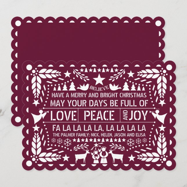 Tarjeta Festiva Burgundy Love Peace Joy Navidades de papel de pica (Anverso / Reverso)