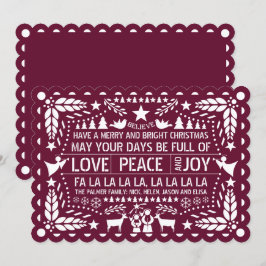 Tarjeta Festiva Burgundy Love Peace Joy Navidades de papel de pica