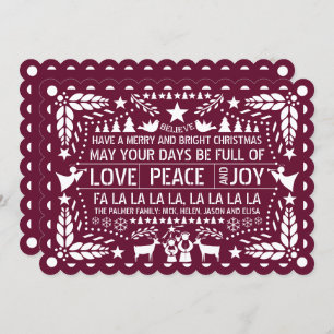 Tarjeta Festiva Burgundy Love Peace Joy Navidades de papel de pica