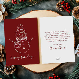 Tarjeta Festiva Burgundy Moderno Esquema de Muñeco de Nieve Simple