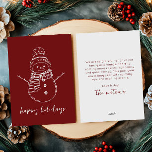 Tarjeta Festiva Burgundy Moderno Esquema de Muñeco de Nieve Simple