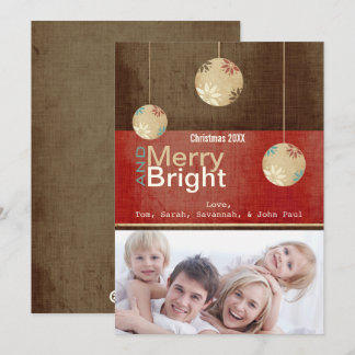 Tarjeta Festiva Burgundy Red Brown Merry and Bright Family Photo 