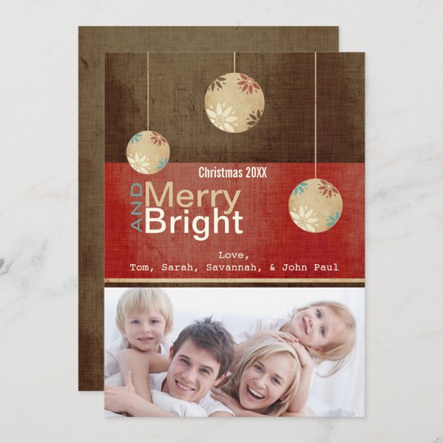 Tarjeta Festiva Burgundy Red Brown Merry and Bright Family Photo  (Anverso / Reverso)