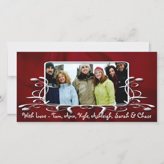 Tarjeta Festiva Burgundy Satin Antique Frame Holiday Family Photo (Anverso)