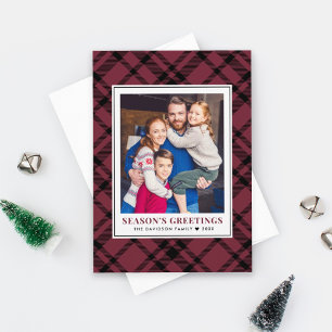 Tarjeta Festiva Burgundy Tartan Plaid Seasons Greetings Foto