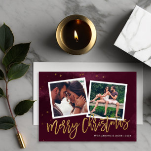 Tarjeta Festiva Burgundy y Dorado Letra Merry Christmas 2 Foto
