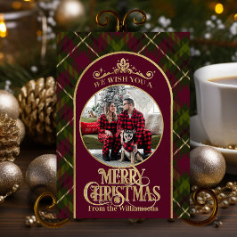 Tarjeta Festiva Burgundy y Green Plaid Con Navidades De Nombre Y F