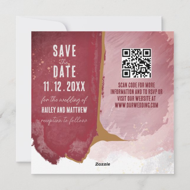 Tarjeta Festiva Burgundy y la turbia acuarela rosa salvan la fecha (Reverso)