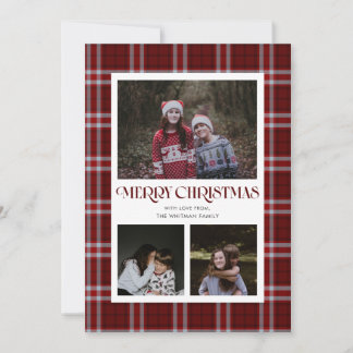 Tarjeta Festiva Burgundy y Plaid Azul Claro con Múltiples Fotos