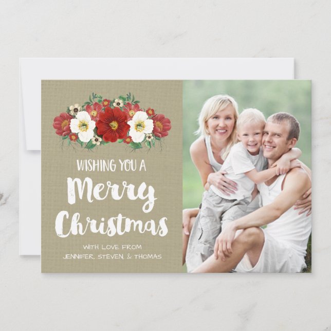 Tarjeta Festiva Burlap Red Floral Merry Christmas Photo Card (Anverso)