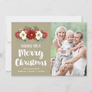 Tarjeta Festiva Burlap Red Floral Merry Christmas Photo Card