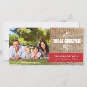 Tarjeta Festiva Burlap ruso con Navidades de foto de pancartas roj