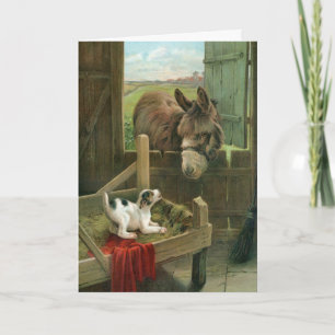 Tarjeta Festiva Burro del vintage y perro de perrito en corral