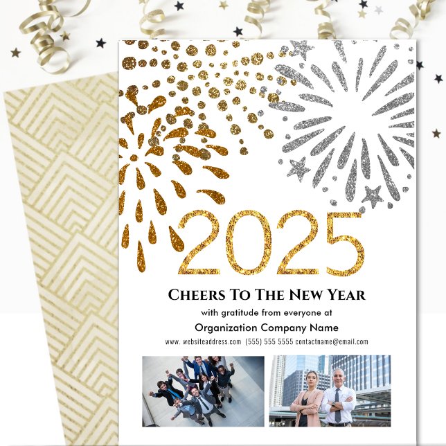 Tarjeta Festiva Business 2025 Festive Fireworks Oro negro moderno (Subido por el creador)