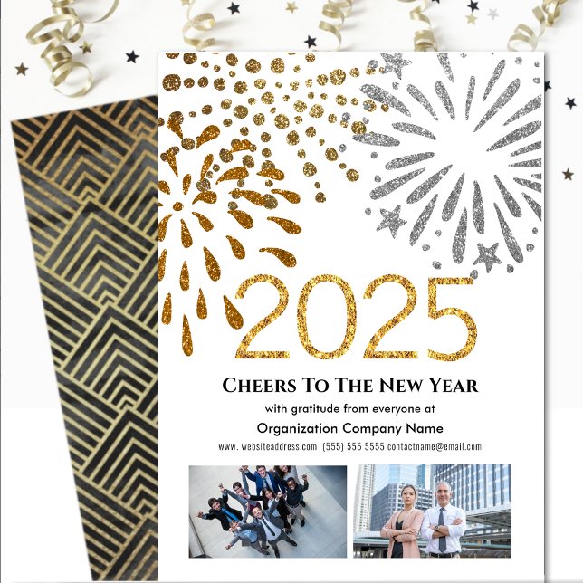 Tarjeta Festiva Business 2025 Festive Fireworks Oro negro moderno (Subido por el creador)
