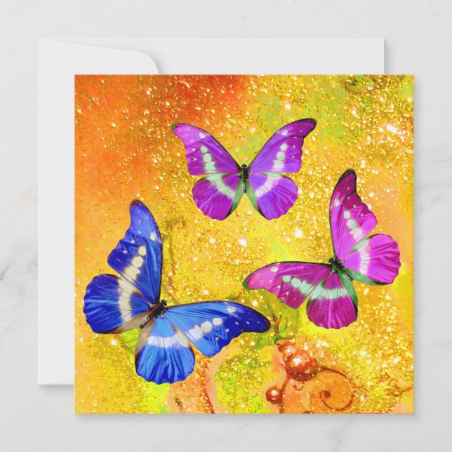 TARJETA FESTIVA BUTTERFLAS AZULES DE PÚRPURA ROSA EN DERRAMES DE O (Anverso)
