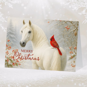 Tarjeta Festiva Caballo blanco caprichoso y Navidades cardinales