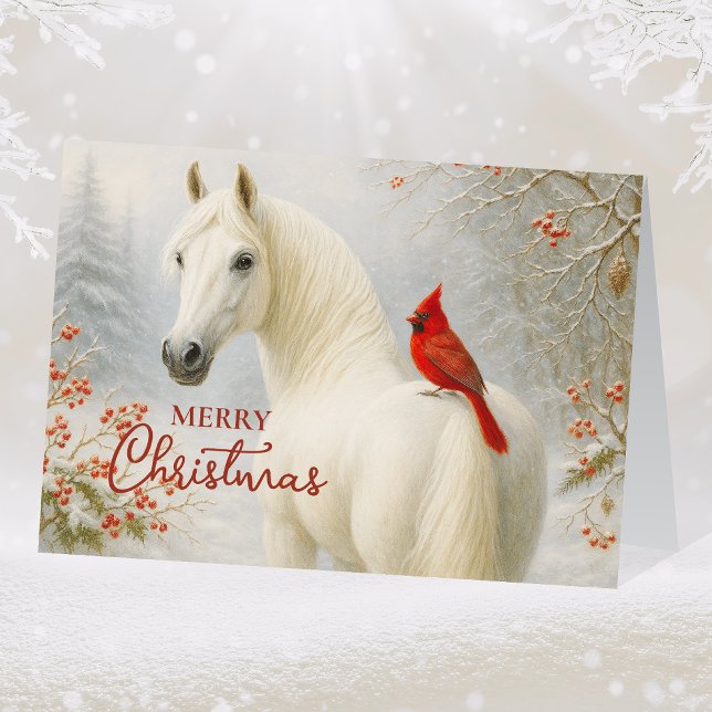 Tarjeta Festiva Caballo blanco caprichoso y Navidades cardinales (Subido por el creador)