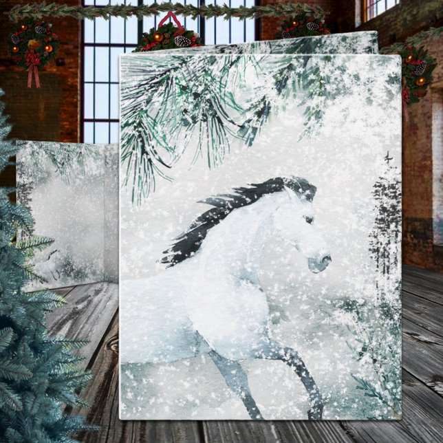Tarjeta Festiva Caballo blanco del bosque de Woodland Winstering (Blustering Winter Woodland Forest White Horse Christmas Holiday Wraparound Graphics  Folded Card)