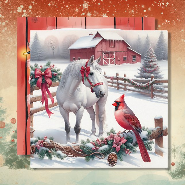Tarjeta Festiva Caballo blanco festivo y Navidades cardinales (Subido por el creador)