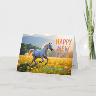 Tarjeta Festiva Caballo Blanco Majestuoso en Prado Dorado