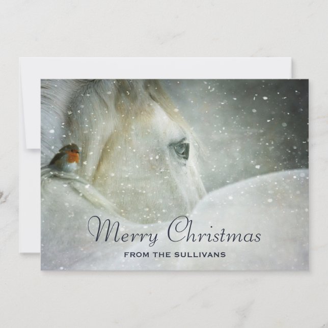 Tarjeta Festiva Caballo blanco y pájaro en Navidades de la nevada  (Anverso)