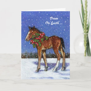 Tarjeta Festiva Caballo, Colt en Nieve con Navidades Holly: Paz