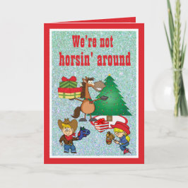 Tarjeta Festiva Caballo con regalos y niños palos de caballos
