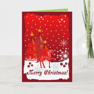Tarjeta Festiva Caballo, copos de nieve y personalizado de árboles
