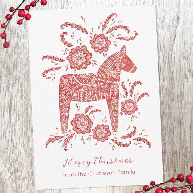Tarjeta Festiva Caballo Dala sueco (Swedish Dala Horse red and white personalized Christmas holiday card)